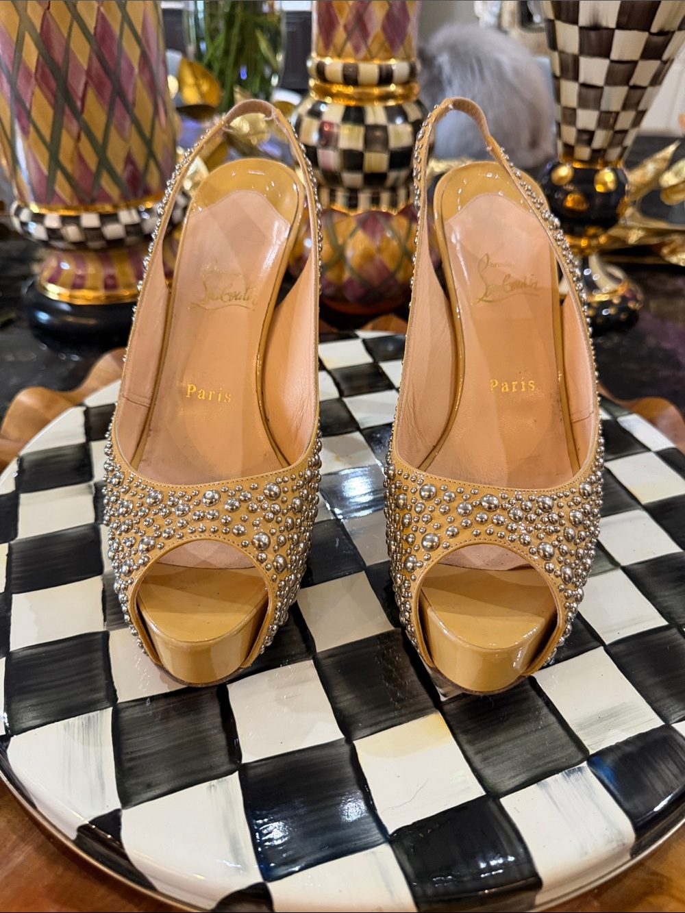 Christian Louboutin Beige Crystal Peep-Toe Slingback Heels